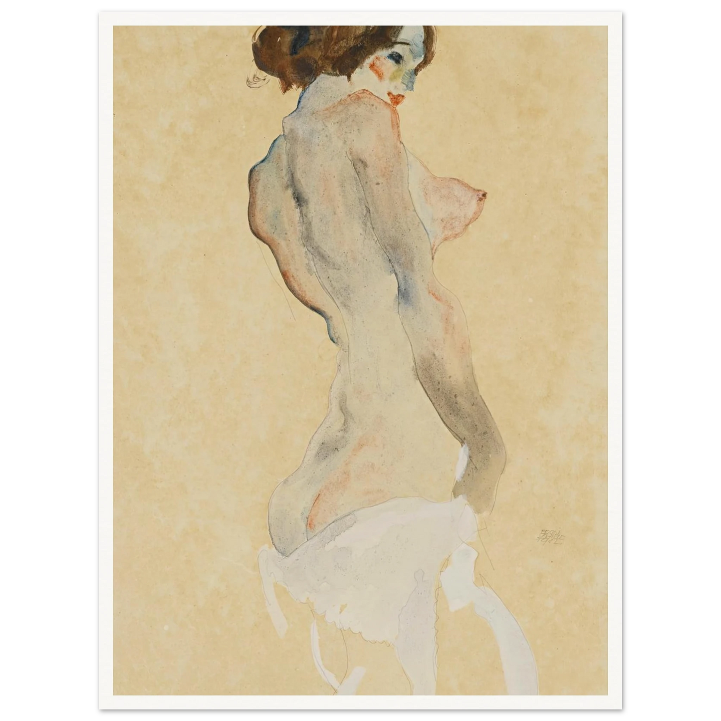 Stehender Akt mit weissen Tuch (Standing nude with white drapery) (1912) Art Print | Egon Schiele - Framed Poster - 30x40 cm / 12x16″ - Black frame