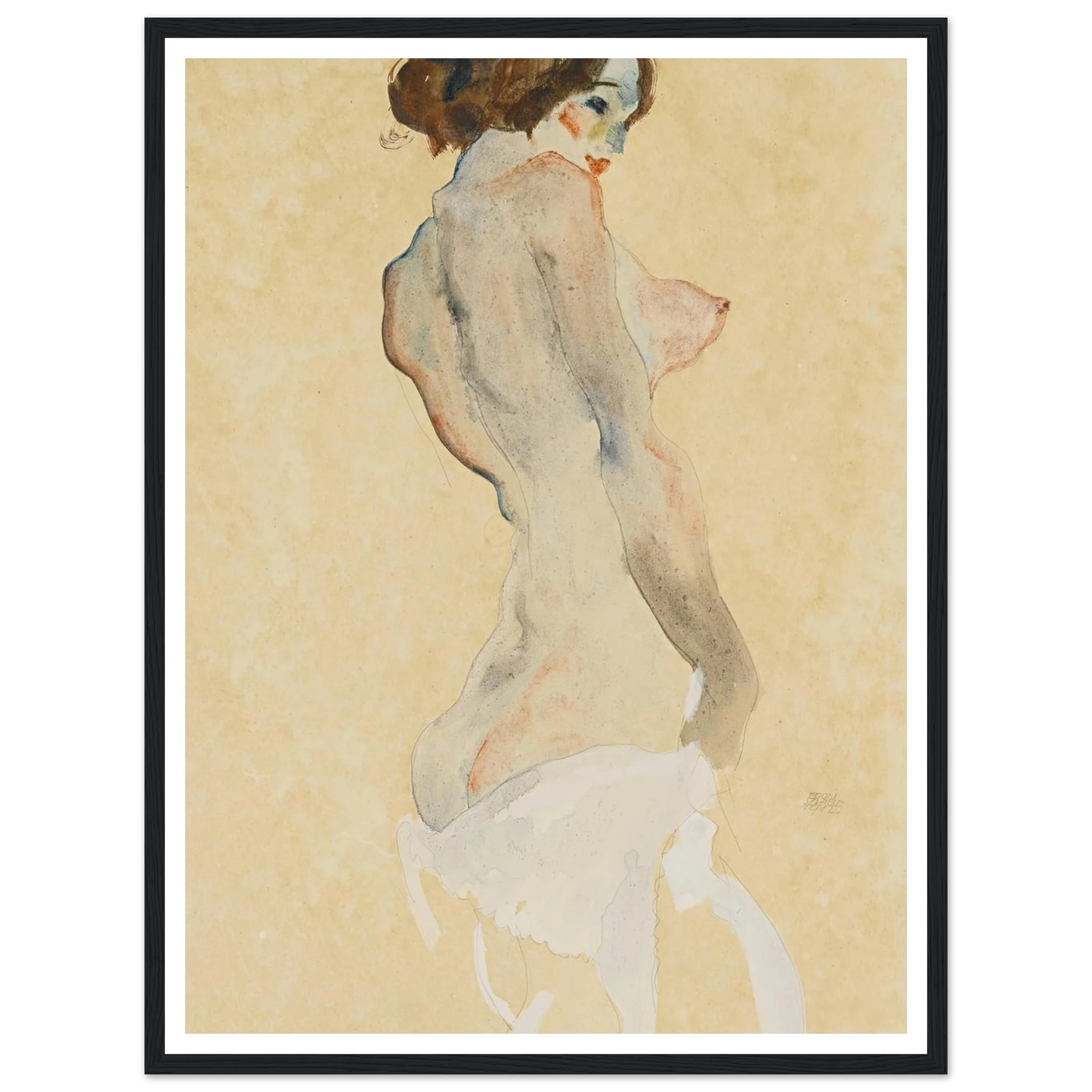 Stehender Akt mit weissen Tuch (Standing nude with white drapery) (1912) Art Print | Egon Schiele - Framed Poster - 30x40 cm / 12x16″ - Black frame