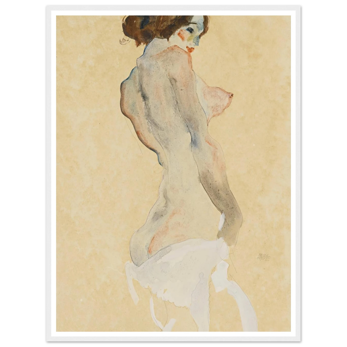 Stehender Akt mit weissen Tuch (Standing nude with white drapery) (1912) Art Print | Egon Schiele - Framed Poster - 30x40 cm / 12x16″ - Black frame