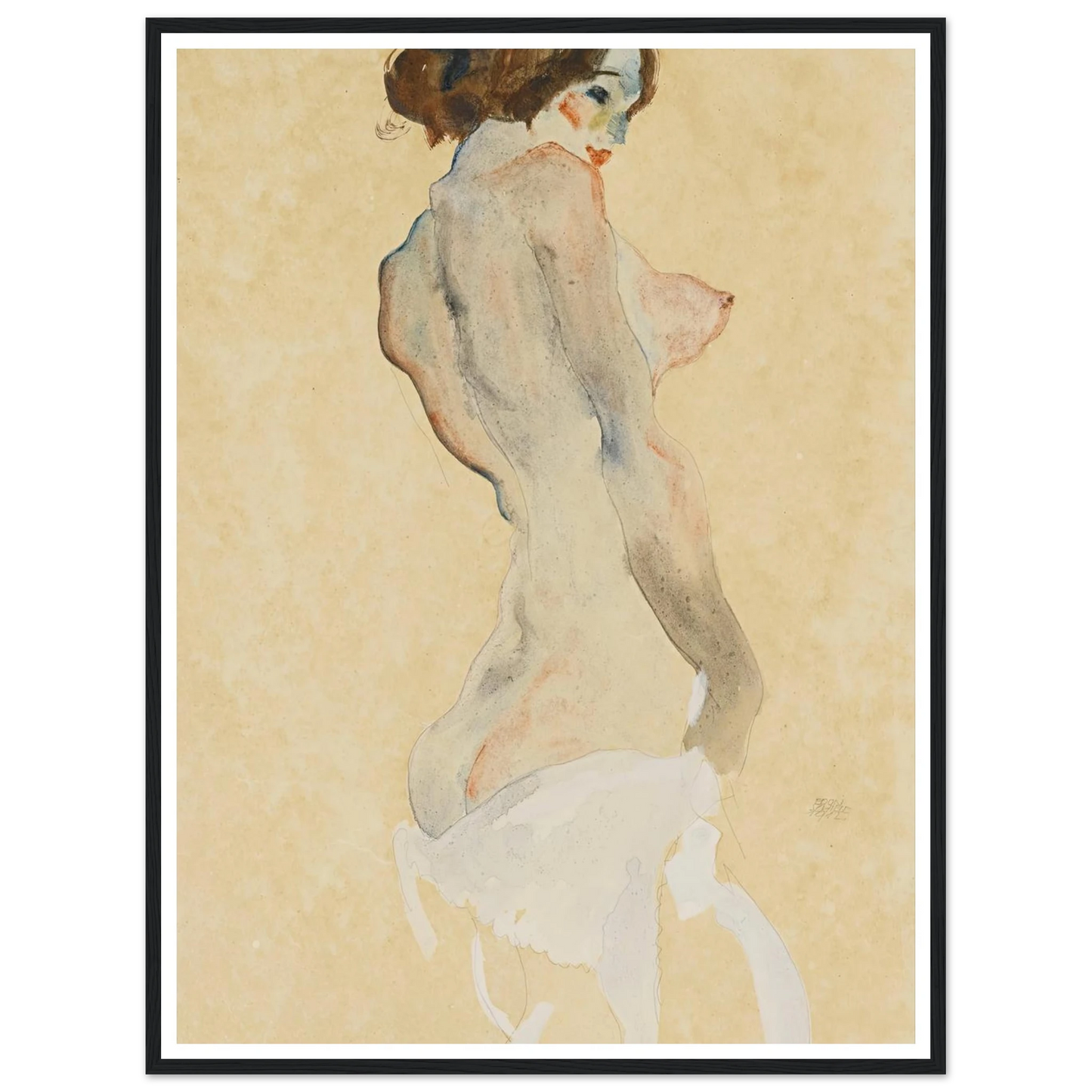 Stehender Akt mit weissen Tuch (Standing nude with white drapery) (1912) Art Print | Egon Schiele - Framed Poster - 30x40 cm / 12x16″ - Black frame