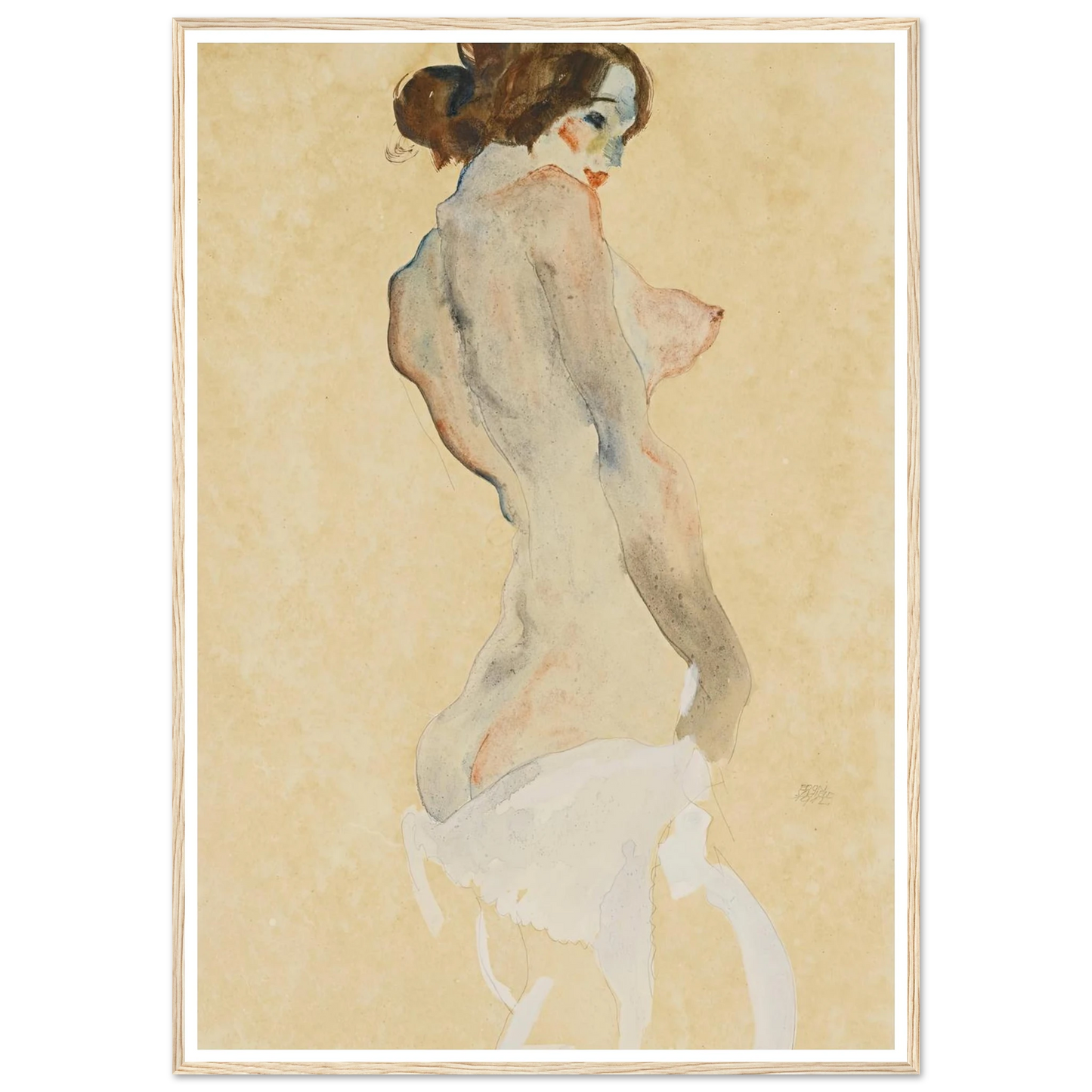 Stehender Akt mit weissen Tuch (Standing nude with white drapery) (1912) Art Print | Egon Schiele - Framed Poster - 30x40 cm / 12x16″ - Black frame