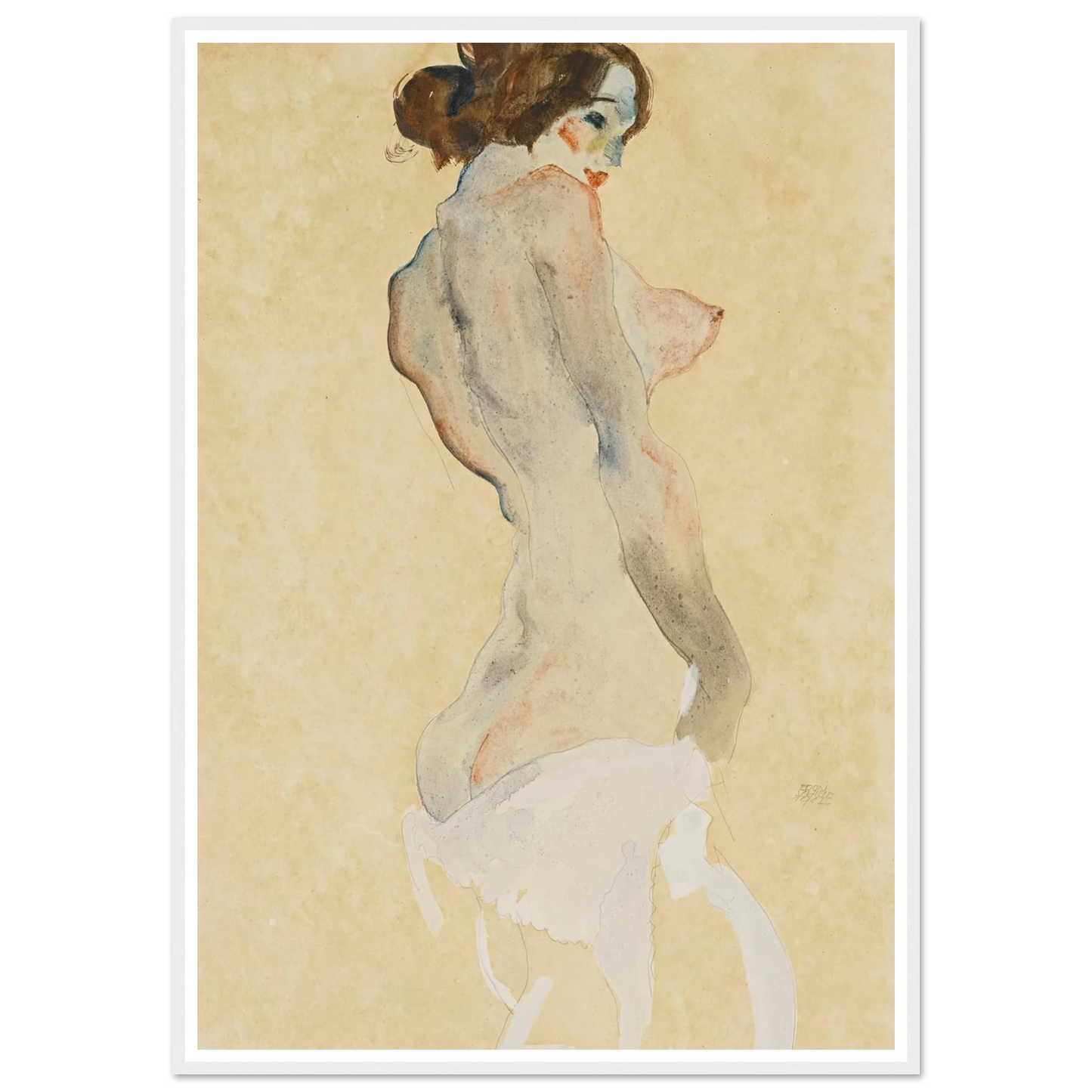 Stehender Akt mit weissen Tuch (Standing nude with white drapery) (1912) Art Print | Egon Schiele - Framed Poster - 30x40 cm / 12x16″ - Black frame