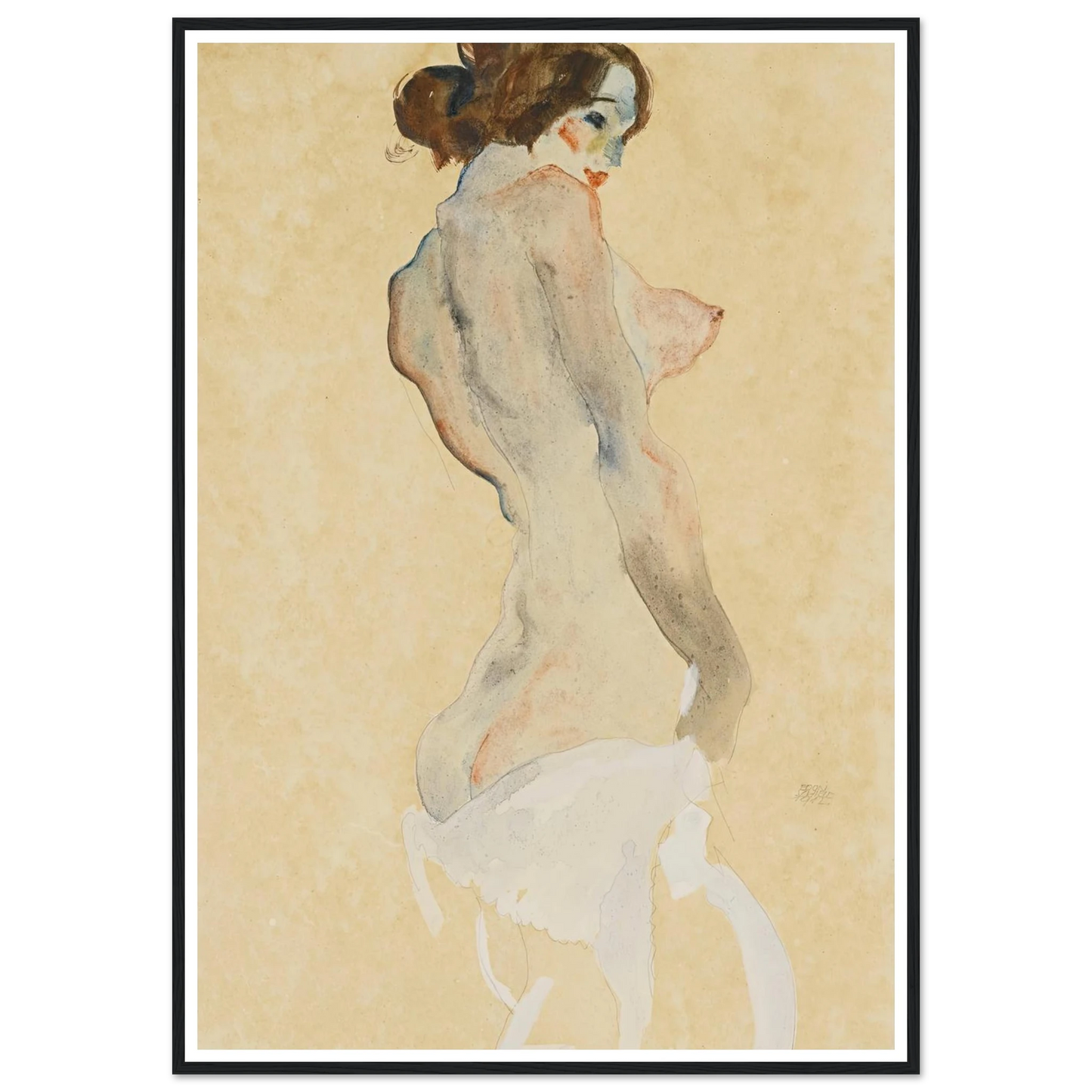 Stehender Akt mit weissen Tuch (Standing nude with white drapery) (1912) Art Print | Egon Schiele - Framed Poster - 30x40 cm / 12x16″ - Black frame