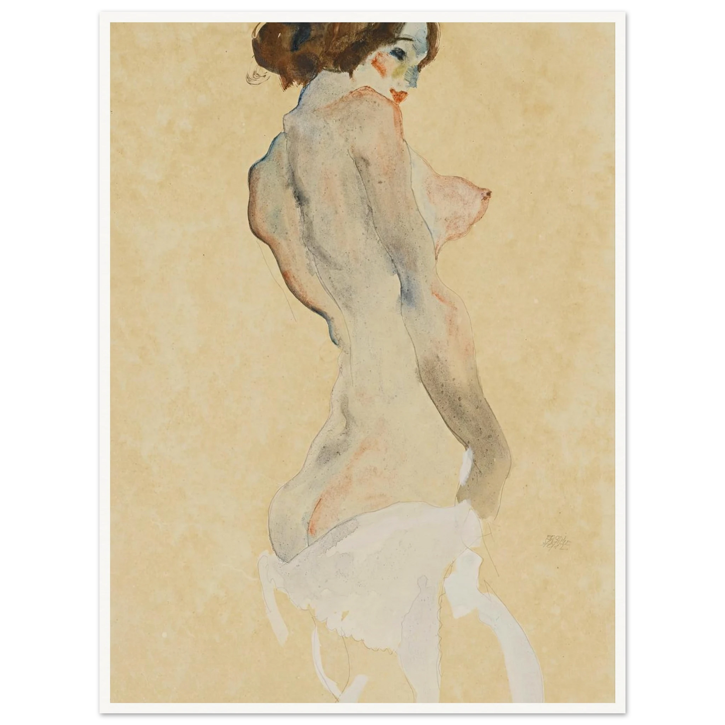 Stehender Akt mit weissen Tuch (Standing nude with white drapery) (1912) Art Print | Egon Schiele - Framed Poster - 30x40 cm / 12x16″ - Black frame