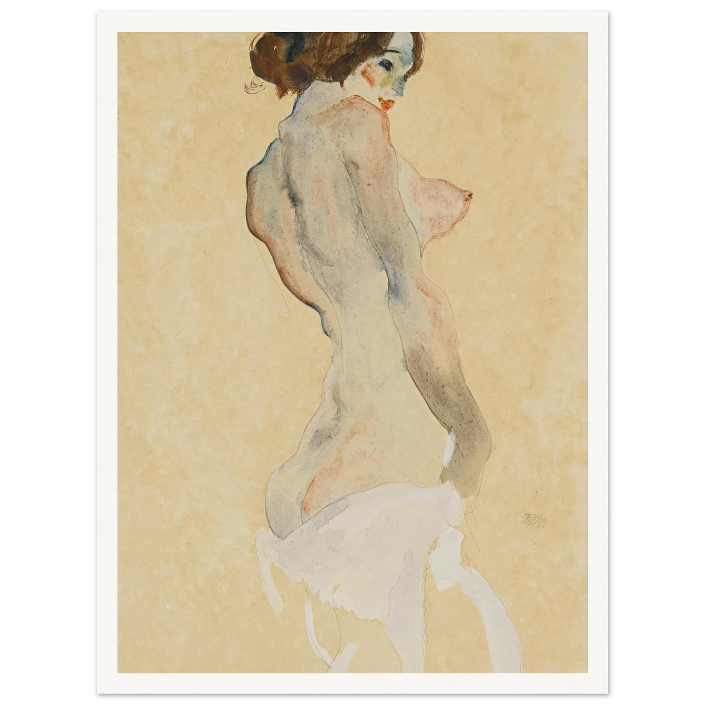 Stehender Akt mit weissen Tuch (Standing nude with white drapery) (1912) Art Print | Egon Schiele - Framed Poster - 30x40 cm / 12x16″ - Black frame