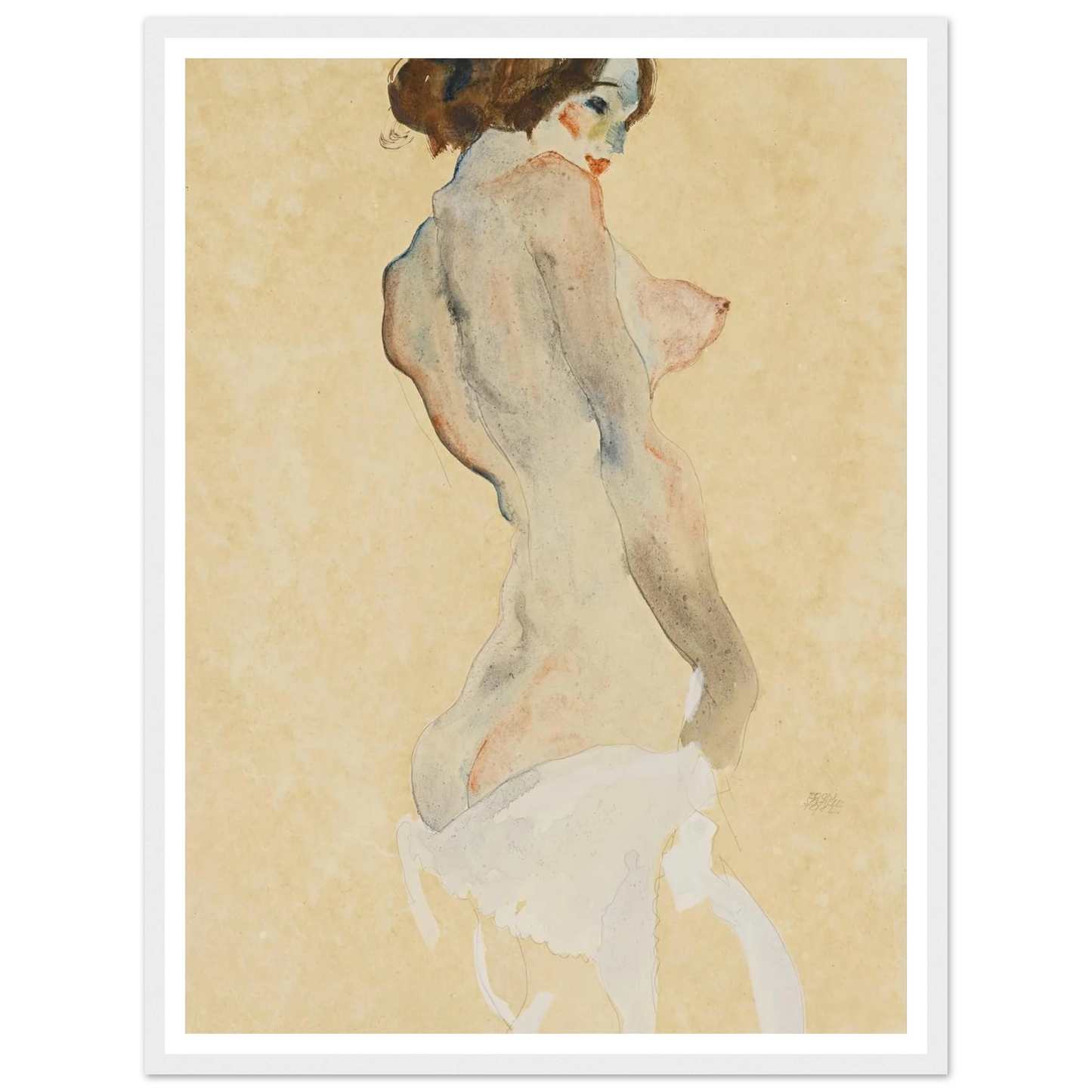 Stehender Akt mit weissen Tuch (Standing nude with white drapery) (1912) Art Print | Egon Schiele - Framed Poster - 30x40 cm / 12x16″ - Black frame