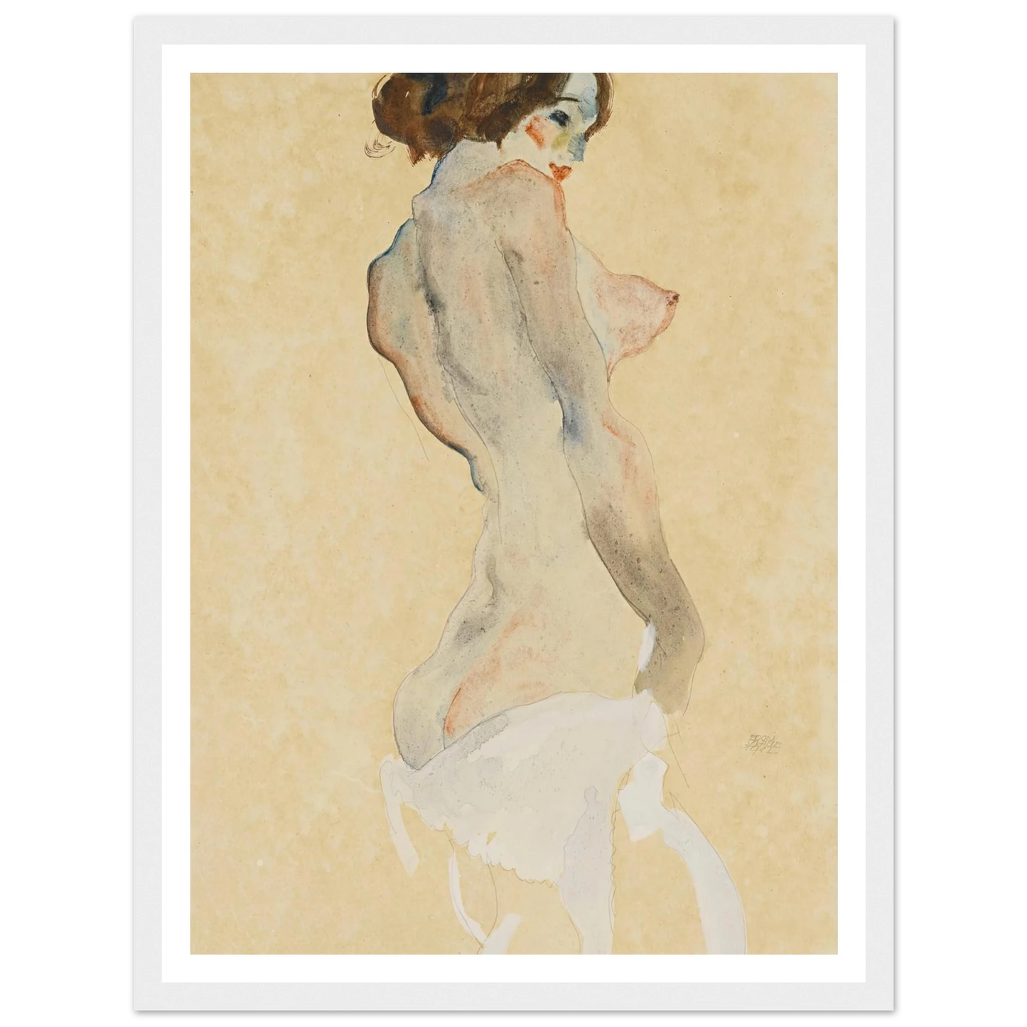 Stehender Akt mit weissen Tuch (Standing nude with white drapery) (1912) Art Print | Egon Schiele - Framed Poster - 30x40 cm / 12x16″ - Black frame