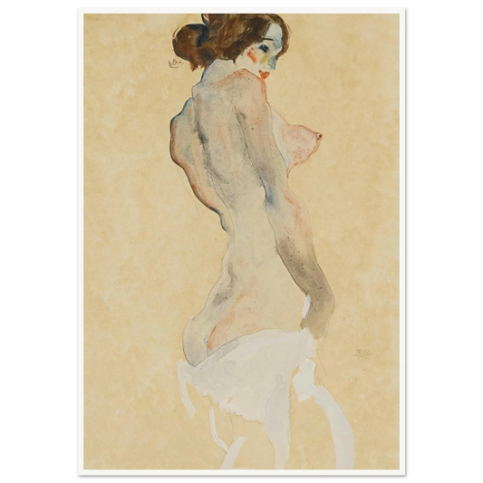 Stehender Akt mit weissen Tuch (Standing nude with white drapery) (1912) Art Print | Egon Schiele - Framed Poster - 30x40 cm / 12x16″ - Black frame