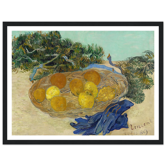 Still Life of Oranges and Lemons with Blue Gloves (1889) Art Print | Vincent van Gogh - Framed Poster - 30x40 cm / 12x16″ - Black frame