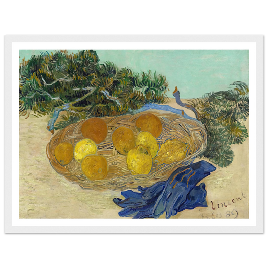 Still Life of Oranges and Lemons with Blue Gloves (1889) Art Print | Vincent van Gogh - Framed Poster - 30x40 cm / 12x16″ - Black frame