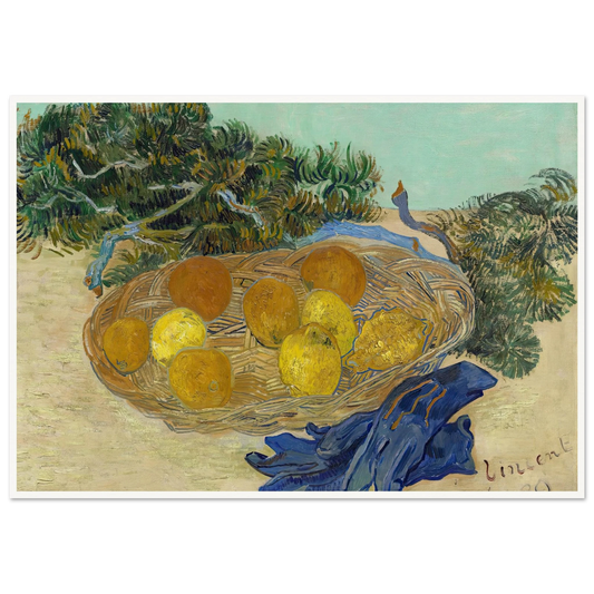 Still Life of Oranges and Lemons with Blue Gloves (1889) Art Print | Vincent van Gogh - Framed Poster - 30x40 cm / 12x16″ - Black frame