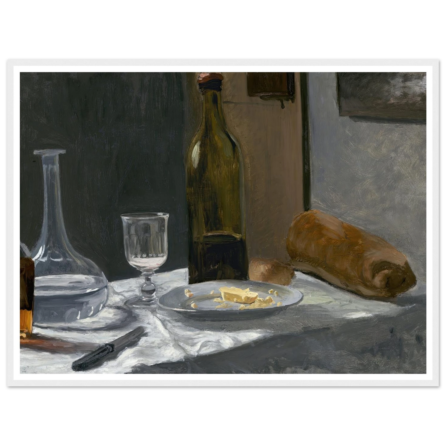 Still Life with Bottle,Carafe Bread and Wine (c. 1862-1863) Art Print | Claude Monet - Framed Poster - 30x40 cm / 12x16″ - Black frame