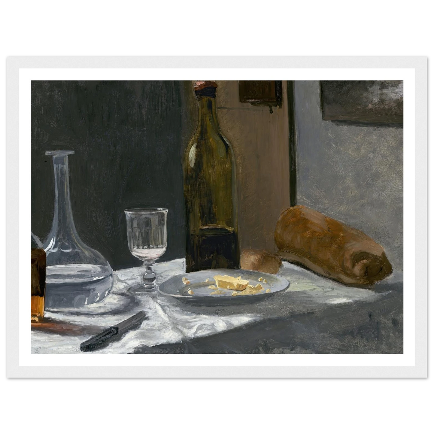 Still Life with Bottle,Carafe Bread and Wine (c. 1862-1863) Art Print | Claude Monet - Framed Poster - 30x40 cm / 12x16″ - Black frame