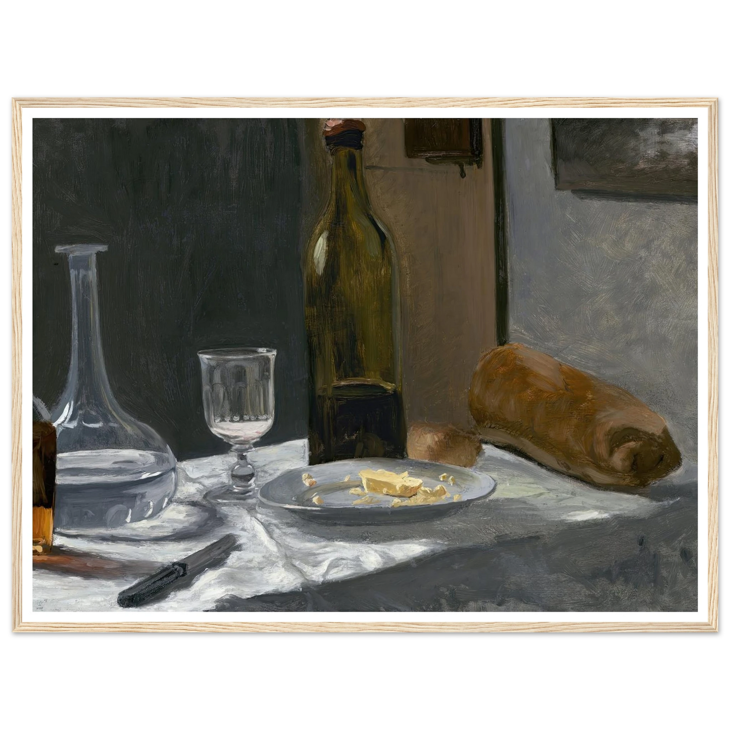 Still Life with Bottle,Carafe Bread and Wine (c. 1862-1863) Art Print | Claude Monet - Framed Poster - 30x40 cm / 12x16″ - Black frame
