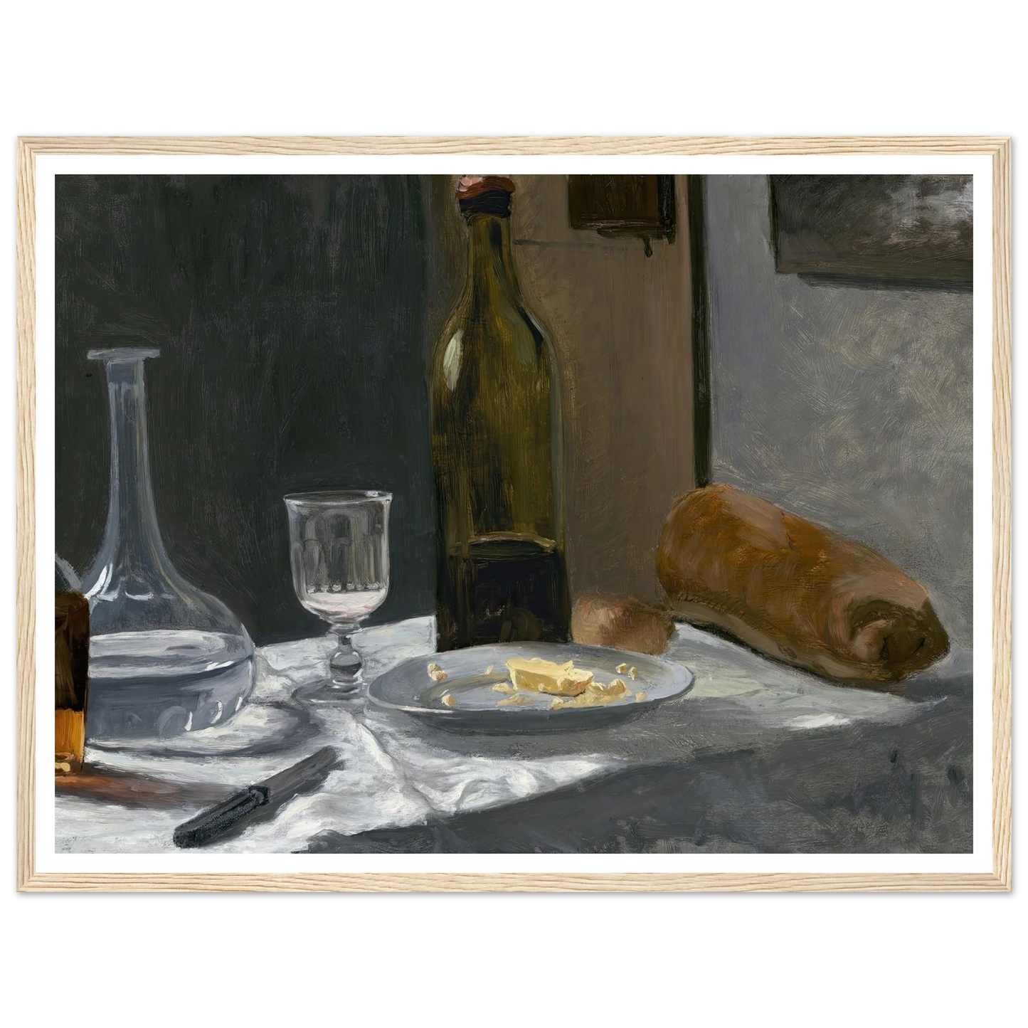 Still Life with Bottle,Carafe Bread and Wine (c. 1862-1863) Art Print | Claude Monet - Framed Poster - 30x40 cm / 12x16″ - Black frame