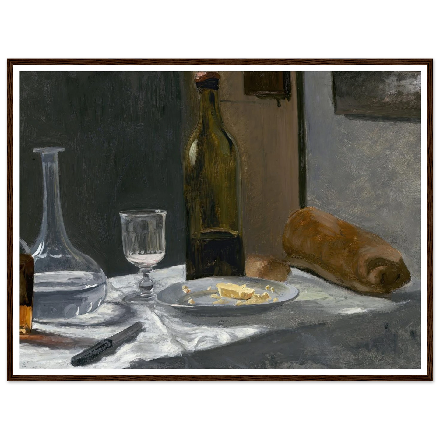 Still Life with Bottle,Carafe Bread and Wine (c. 1862-1863) Art Print | Claude Monet - Framed Poster - 30x40 cm / 12x16″ - Black frame