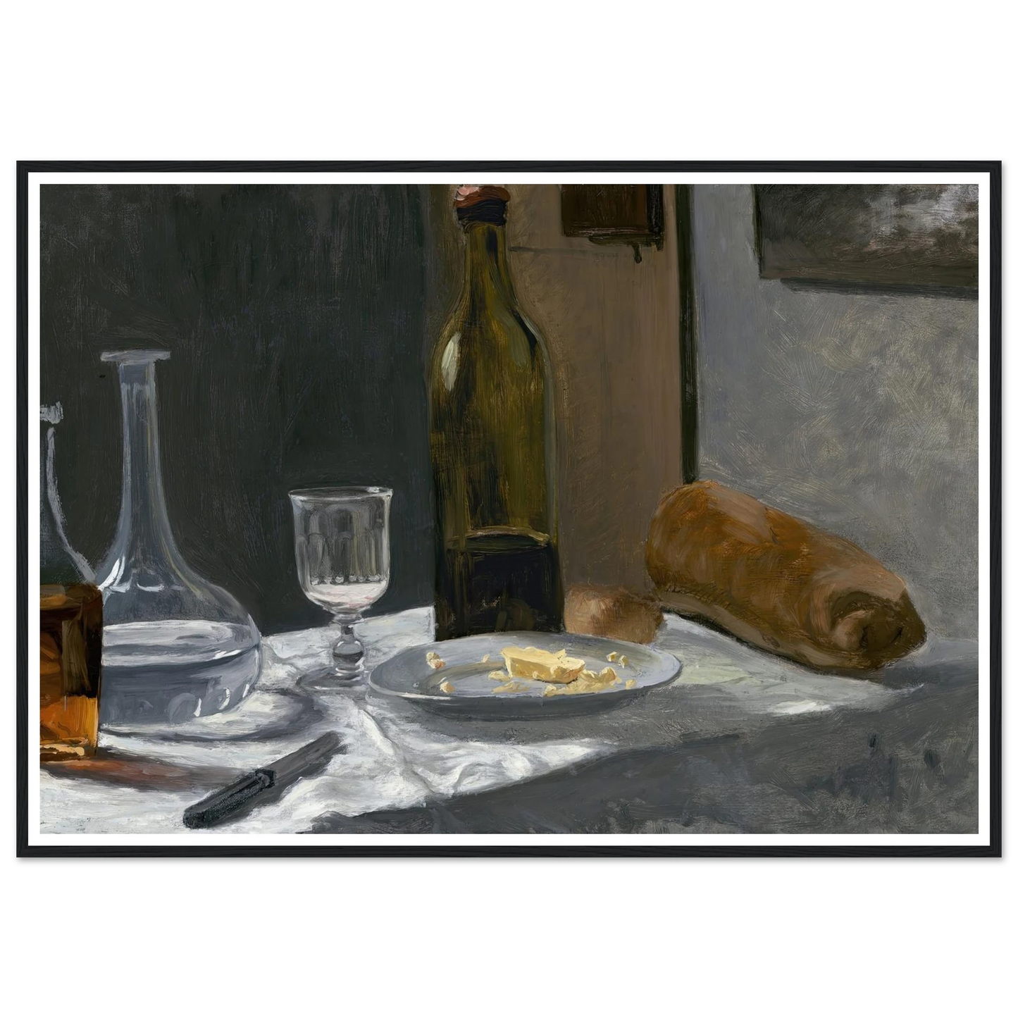 Still Life with Bottle,Carafe Bread and Wine (c. 1862-1863) Art Print | Claude Monet - Framed Poster - 30x40 cm / 12x16″ - Black frame