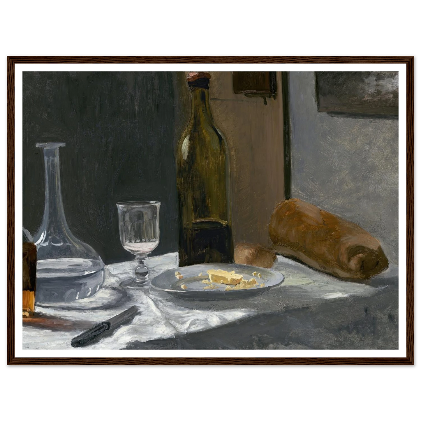 Still Life with Bottle,Carafe Bread and Wine (c. 1862-1863) Art Print | Claude Monet - Framed Poster - 30x40 cm / 12x16″ - Black frame