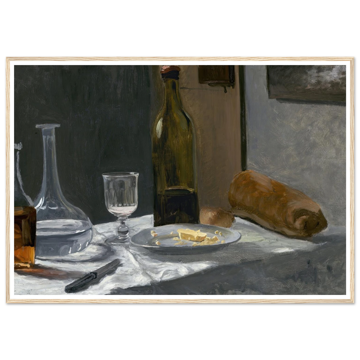 Still Life with Bottle,Carafe Bread and Wine (c. 1862-1863) Art Print | Claude Monet - Framed Poster - 30x40 cm / 12x16″ - Black frame