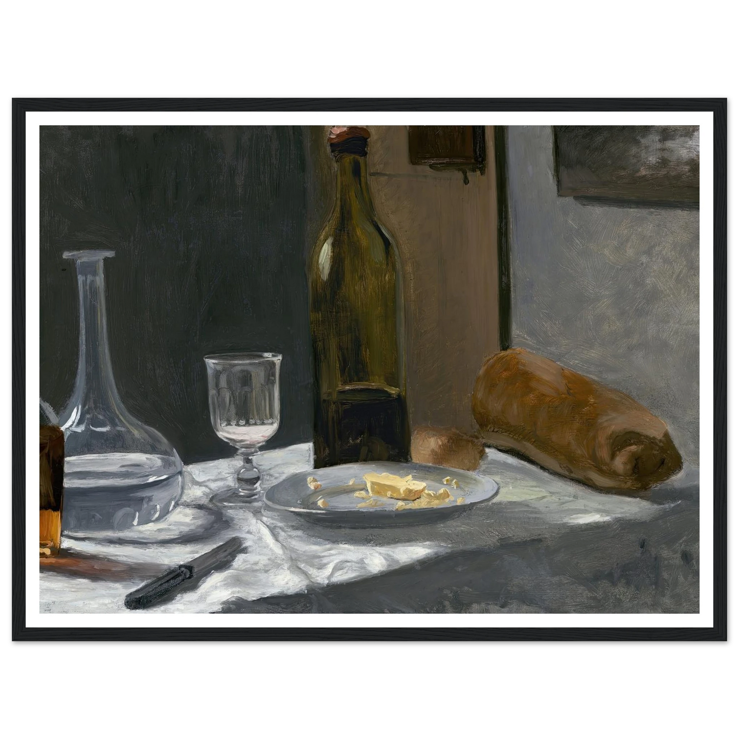Still Life with Bottle,Carafe Bread and Wine (c. 1862-1863) Art Print | Claude Monet - Framed Poster - 30x40 cm / 12x16″ - Black frame