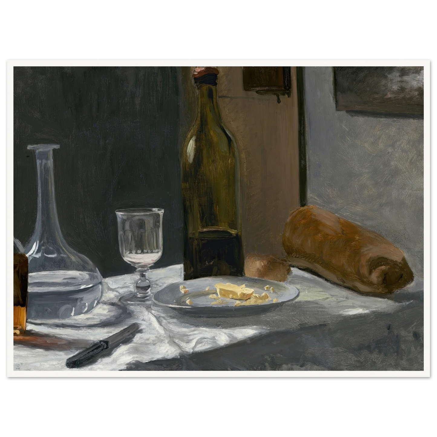 Still Life with Bottle,Carafe Bread and Wine (c. 1862-1863) Art Print | Claude Monet - Framed Poster - 30x40 cm / 12x16″ - Black frame