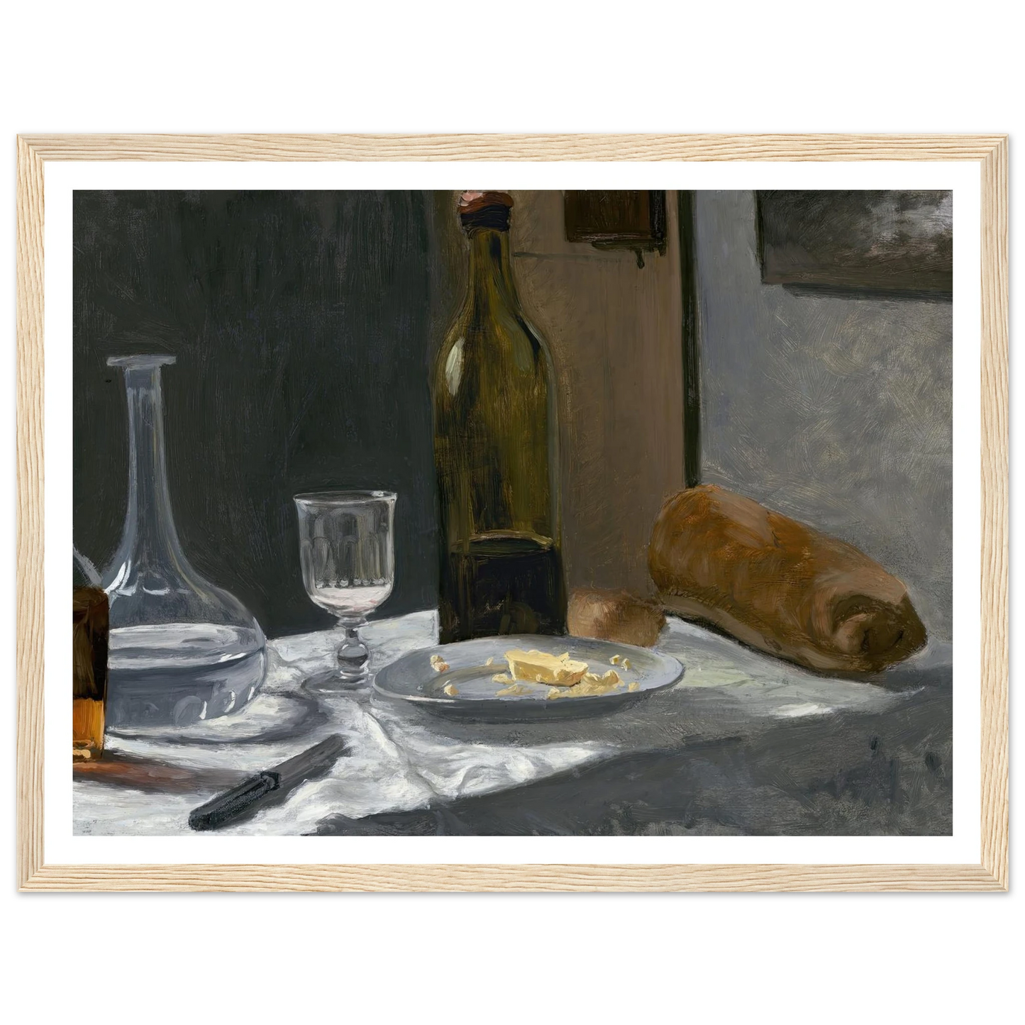 Still Life with Bottle,Carafe Bread and Wine (c. 1862-1863) Art Print | Claude Monet - Framed Poster - 30x40 cm / 12x16″ - Black frame