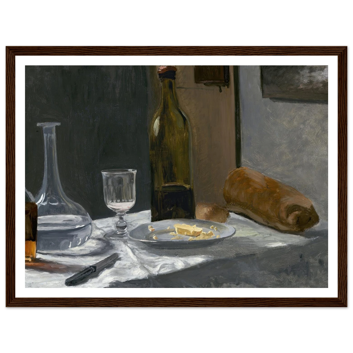 Still Life with Bottle,Carafe Bread and Wine (c. 1862-1863) Art Print | Claude Monet - Framed Poster - 30x40 cm / 12x16″ - Black frame
