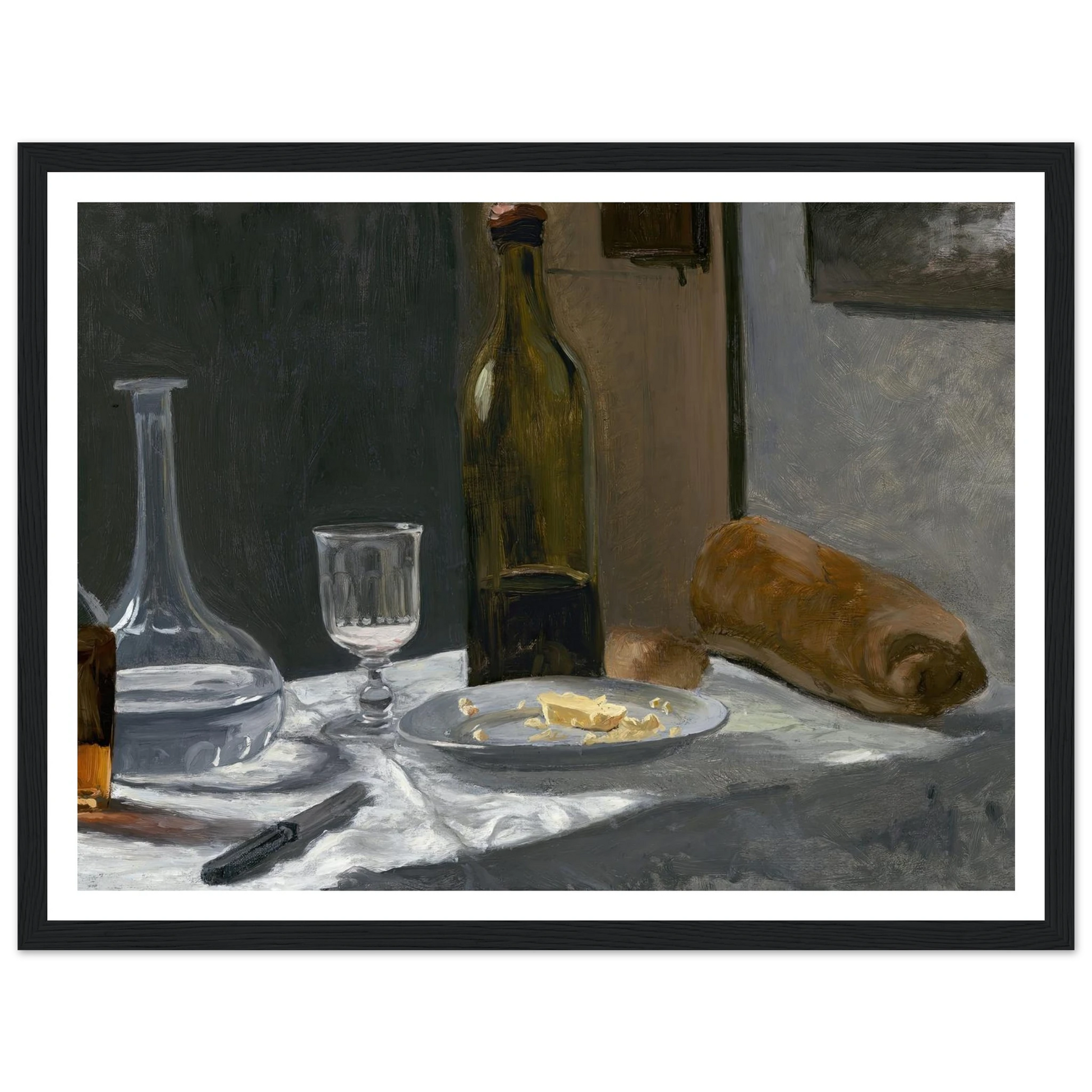 Still Life with Bottle,Carafe Bread and Wine (c. 1862-1863) Art Print | Claude Monet - Framed Poster - 30x40 cm / 12x16″ - Black frame