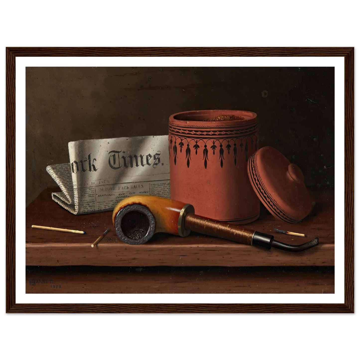 Still Life with New York Times, Tobacco Jar, Pipe and Matches (1879) Art Print | William Michael Harnett - Framed Poster - 30x40 cm / 12x16″ - Black frame