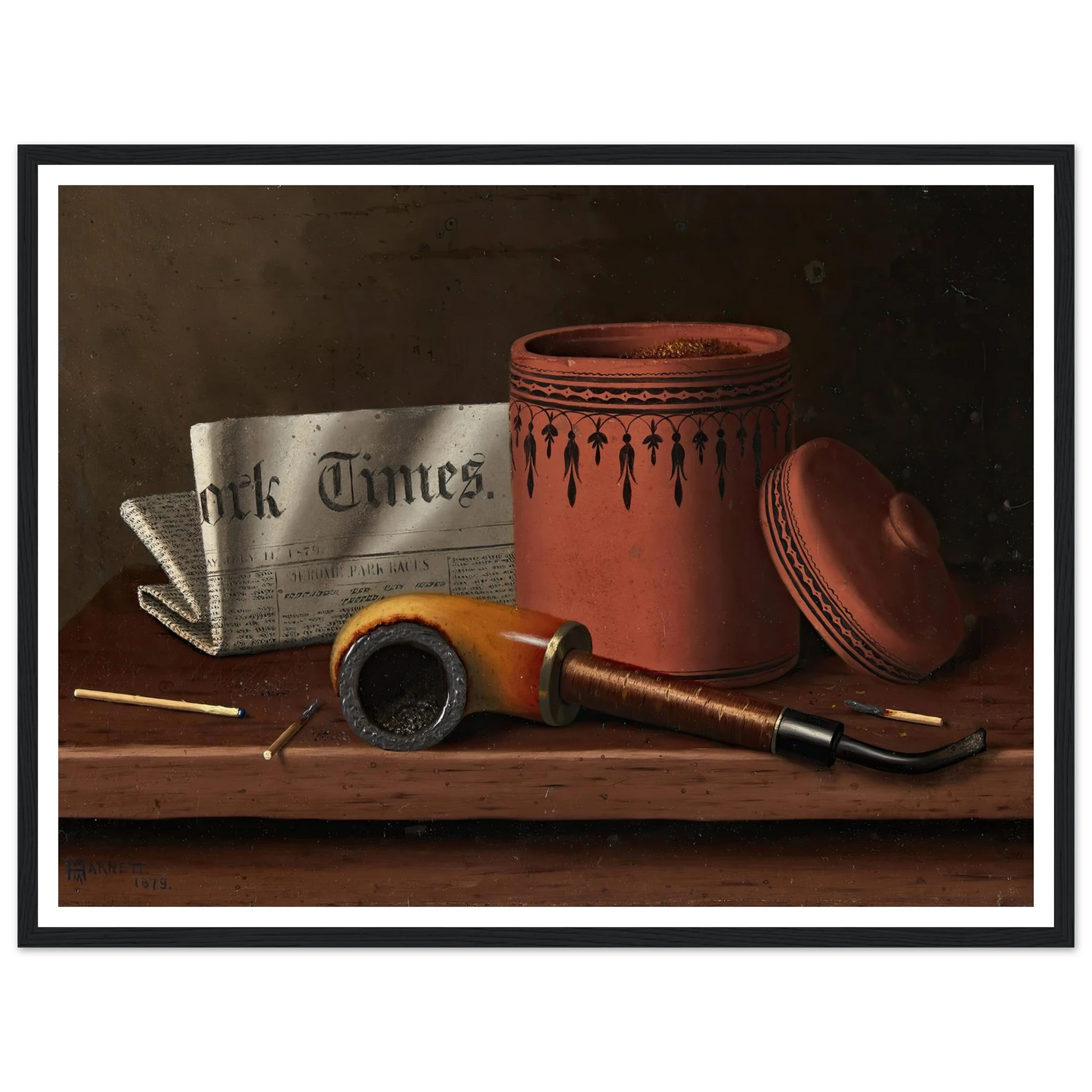 Still Life with New York Times, Tobacco Jar, Pipe and Matches (1879) Art Print | William Michael Harnett - Framed Poster - 30x40 cm / 12x16″ - Black frame