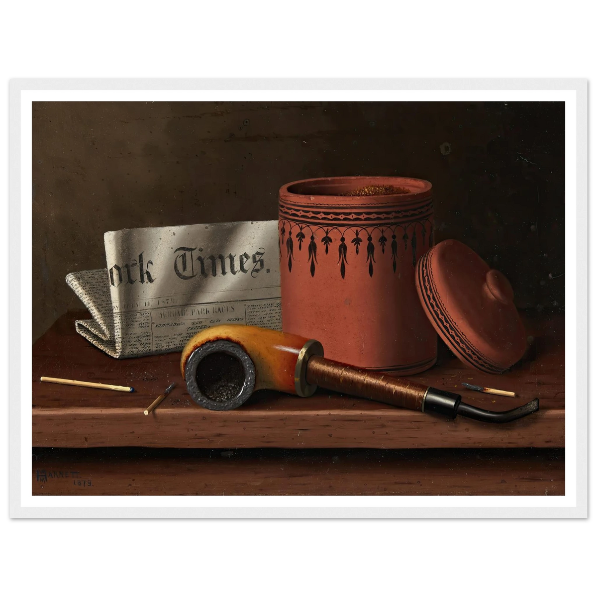 Still Life with New York Times, Tobacco Jar, Pipe and Matches (1879) Art Print | William Michael Harnett - Framed Poster - 30x40 cm / 12x16″ - Black frame