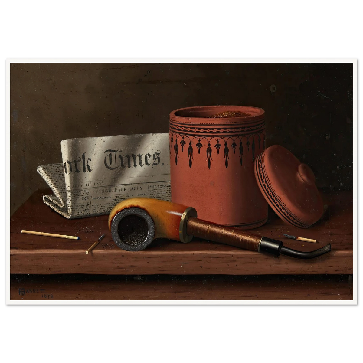 Still Life with New York Times, Tobacco Jar, Pipe and Matches (1879) Art Print | William Michael Harnett - Framed Poster - 30x40 cm / 12x16″ - Black frame
