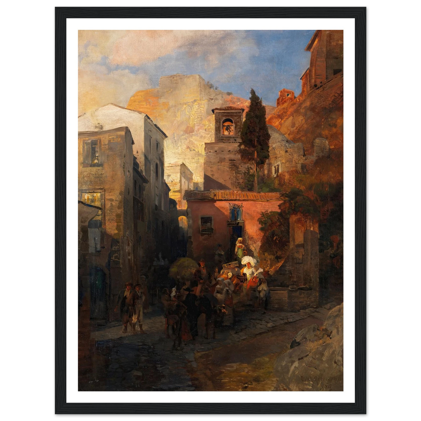 Straßenszene in einem italienischen Bergdorf (1879) Art Print | Oswald Achenbach - Framed Poster - 30x40 cm / 12x16″ - Black frame