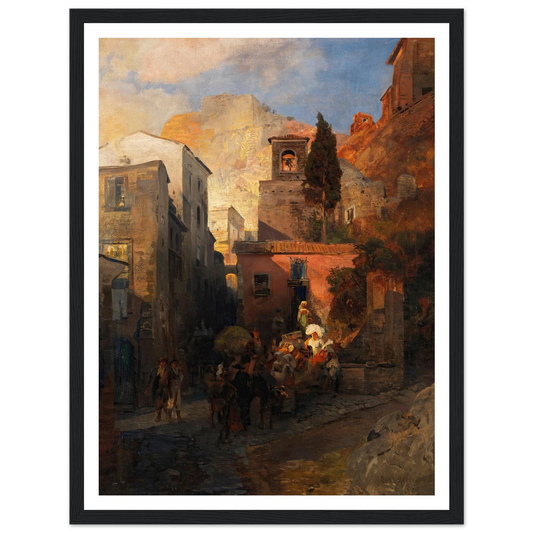 Straßenszene in einem italienischen Bergdorf (1879) Art Print | Oswald Achenbach - Framed Poster - 30x40 cm / 12x16″ - Black frame