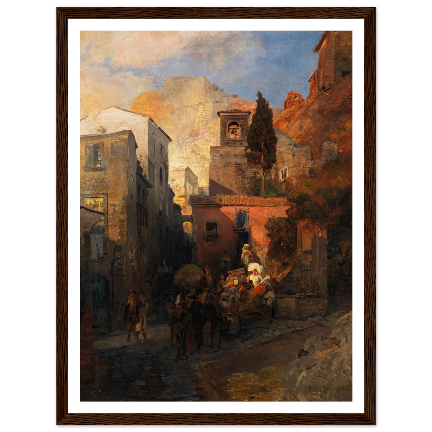 Straßenszene in einem italienischen Bergdorf (1879) Art Print | Oswald Achenbach - Framed Poster - 30x40 cm / 12x16″ - Black frame