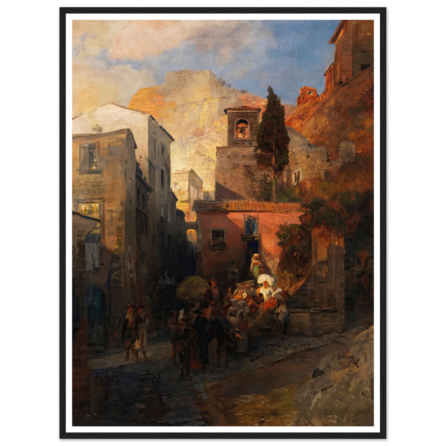 Straßenszene in einem italienischen Bergdorf (1879) Art Print | Oswald Achenbach - Framed Poster - 30x40 cm / 12x16″ - Black frame