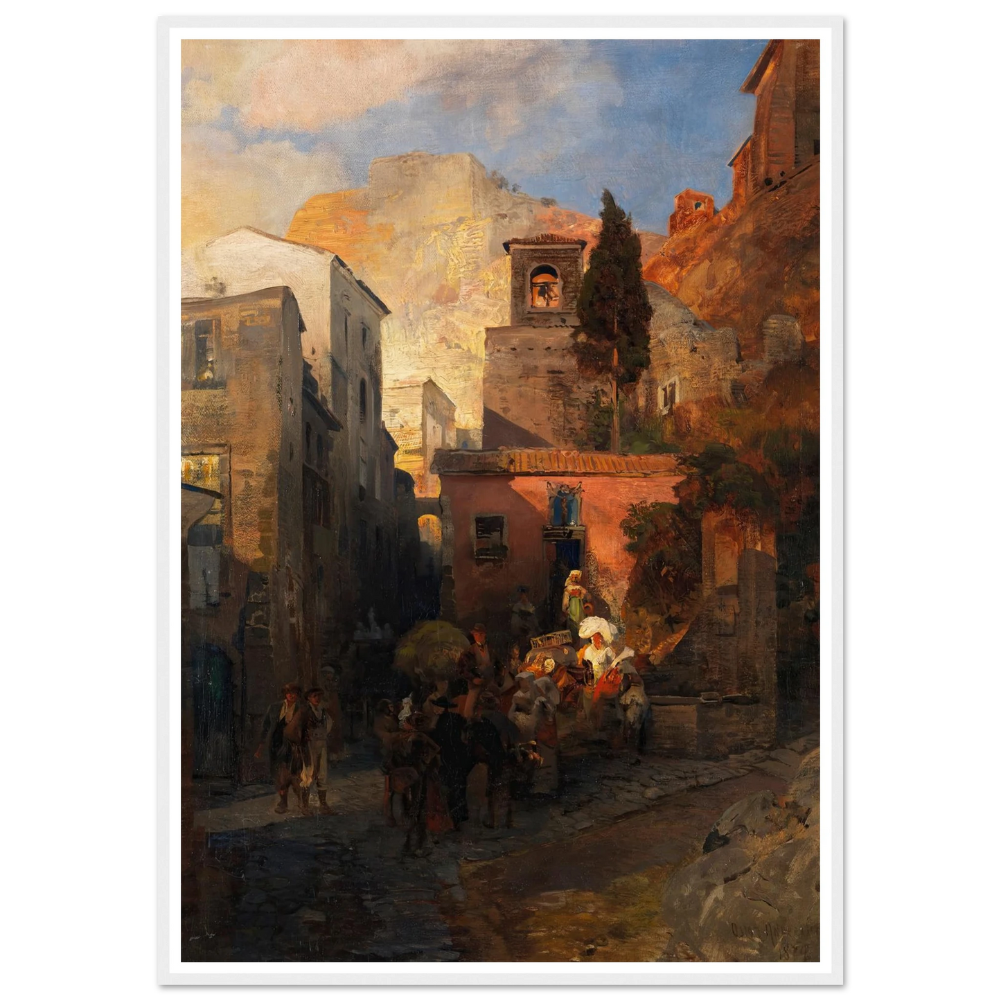 Straßenszene in einem italienischen Bergdorf (1879) Art Print | Oswald Achenbach - Framed Poster - 30x40 cm / 12x16″ - Black frame