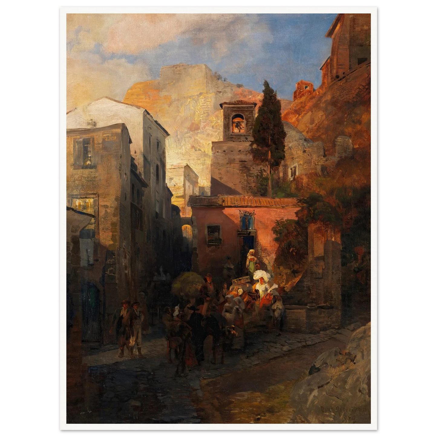 Straßenszene in einem italienischen Bergdorf (1879) Art Print | Oswald Achenbach - Framed Poster - 30x40 cm / 12x16″ - Black frame
