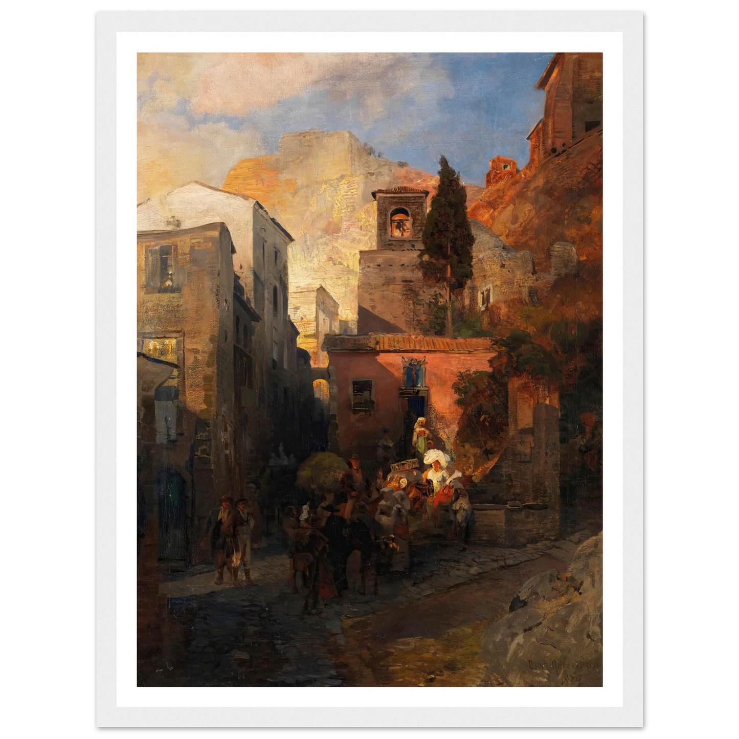 Straßenszene in einem italienischen Bergdorf (1879) Art Print | Oswald Achenbach - Framed Poster - 30x40 cm / 12x16″ - Black frame