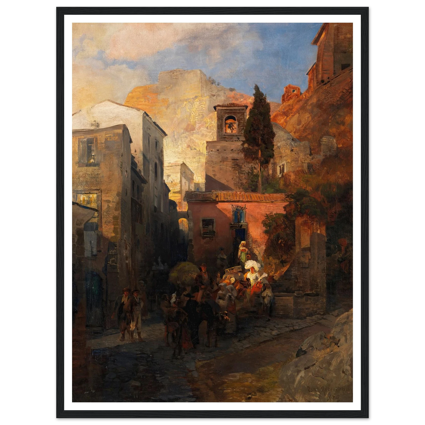 Straßenszene in einem italienischen Bergdorf (1879) Art Print | Oswald Achenbach - Framed Poster - 30x40 cm / 12x16″ - Black frame