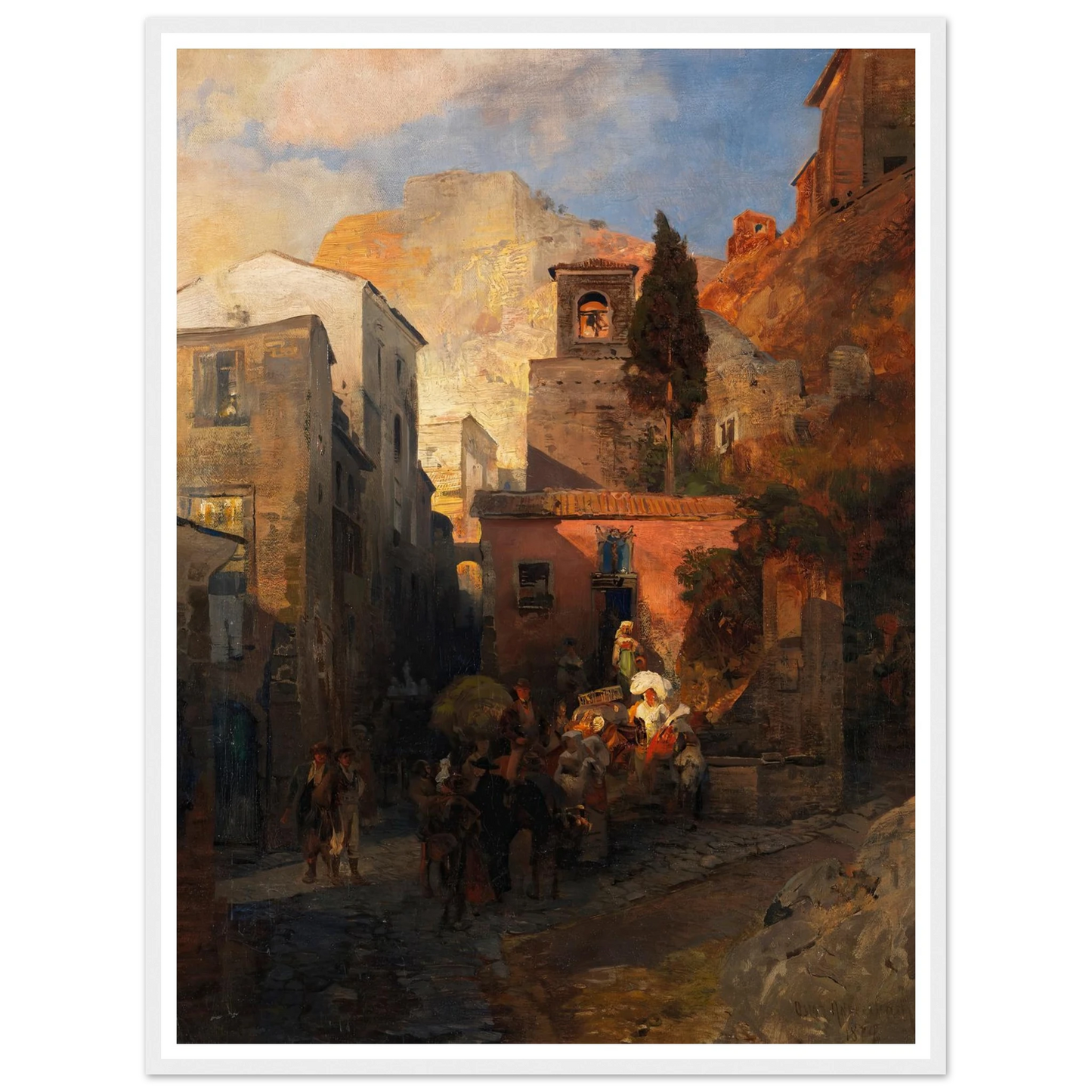 Straßenszene in einem italienischen Bergdorf (1879) Art Print | Oswald Achenbach - Framed Poster - 30x40 cm / 12x16″ - Black frame