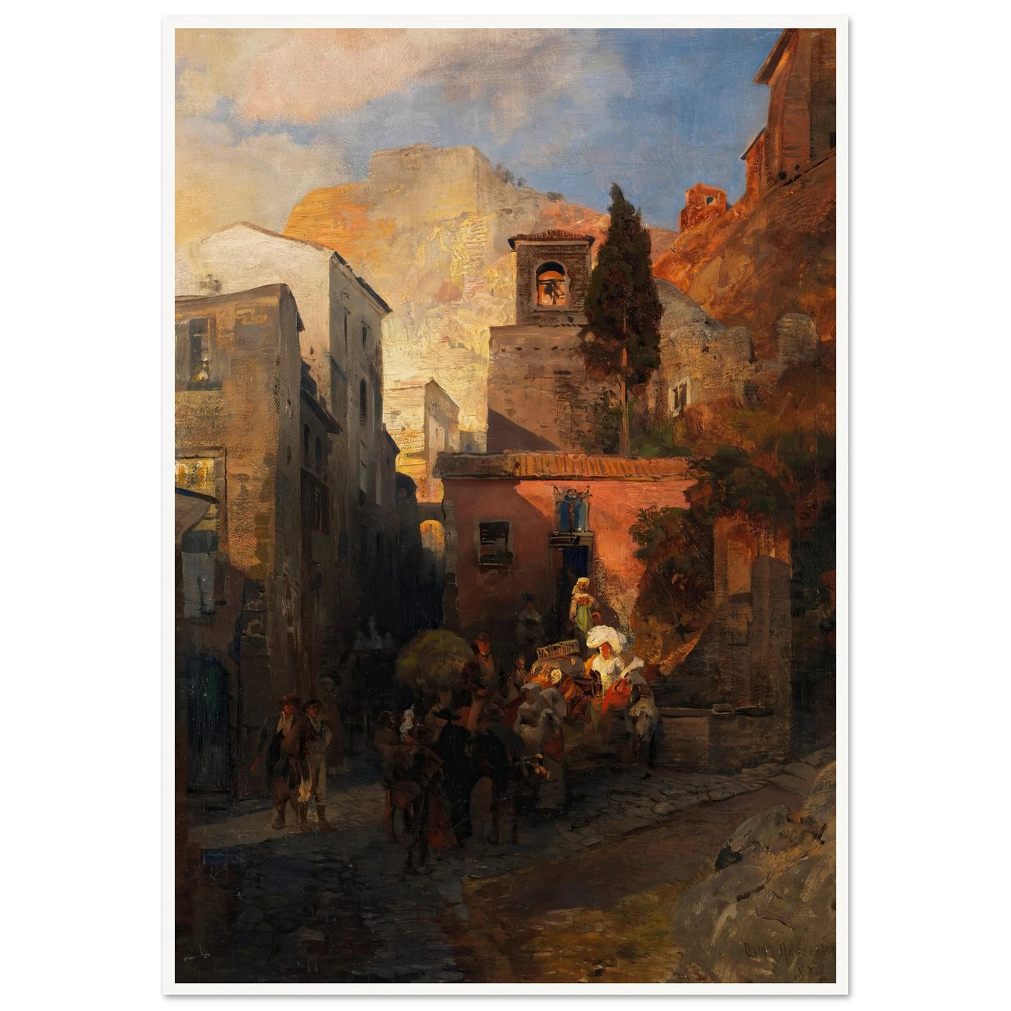 Straßenszene in einem italienischen Bergdorf (1879) Art Print | Oswald Achenbach - Framed Poster - 30x40 cm / 12x16″ - Black frame