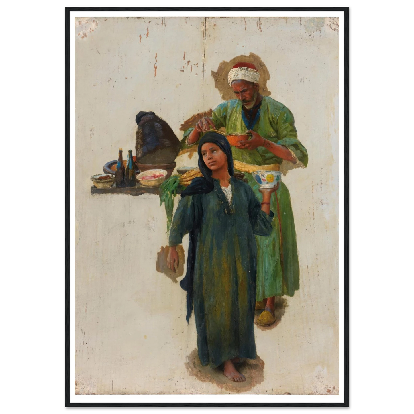Study Of A Man And A Girl Holding A Bowl Art Print | Ludwig Deutsch - Framed Poster - 30x40 cm / 12x16″ - Black frame