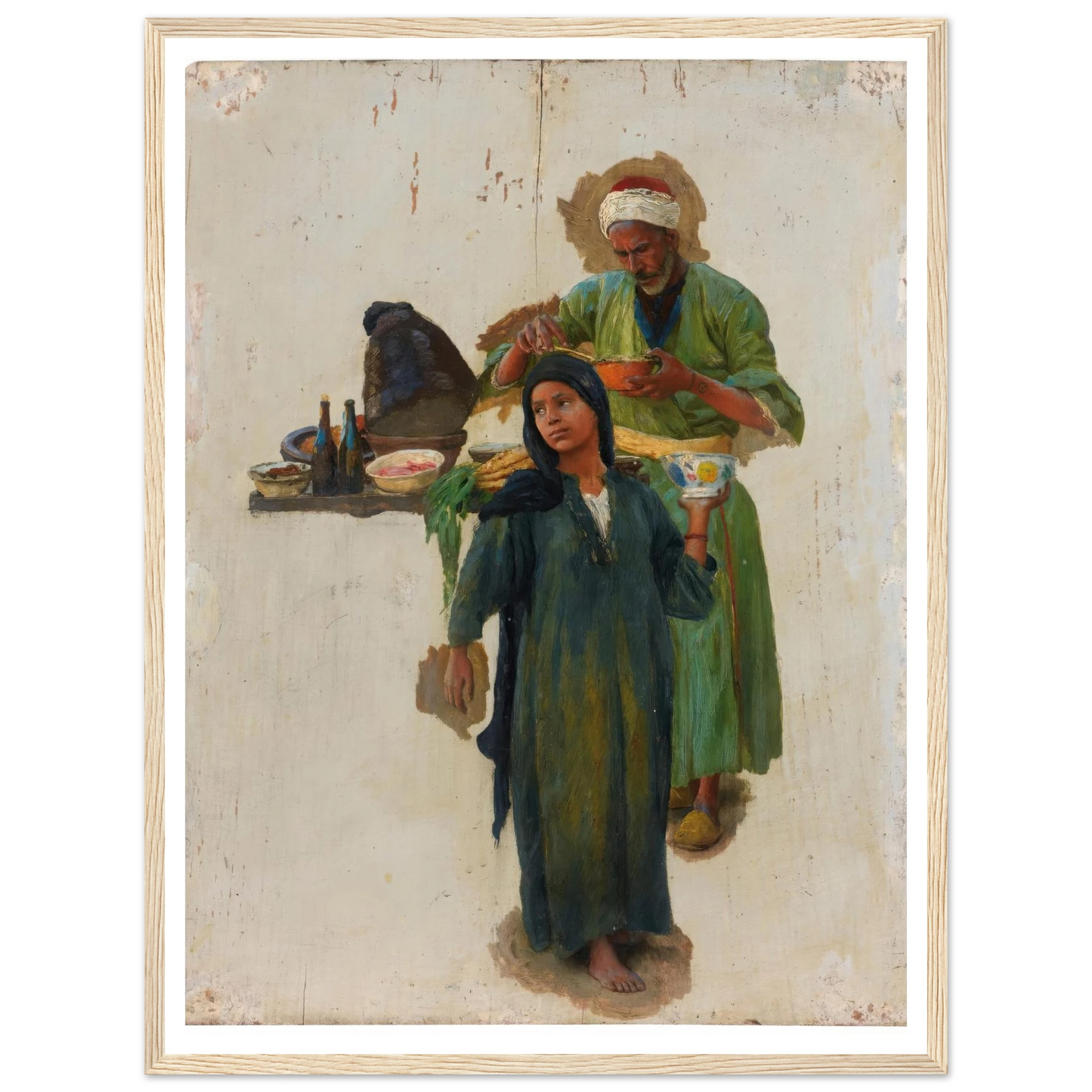 Study Of A Man And A Girl Holding A Bowl Art Print | Ludwig Deutsch - Framed Poster - 30x40 cm / 12x16″ - Black frame