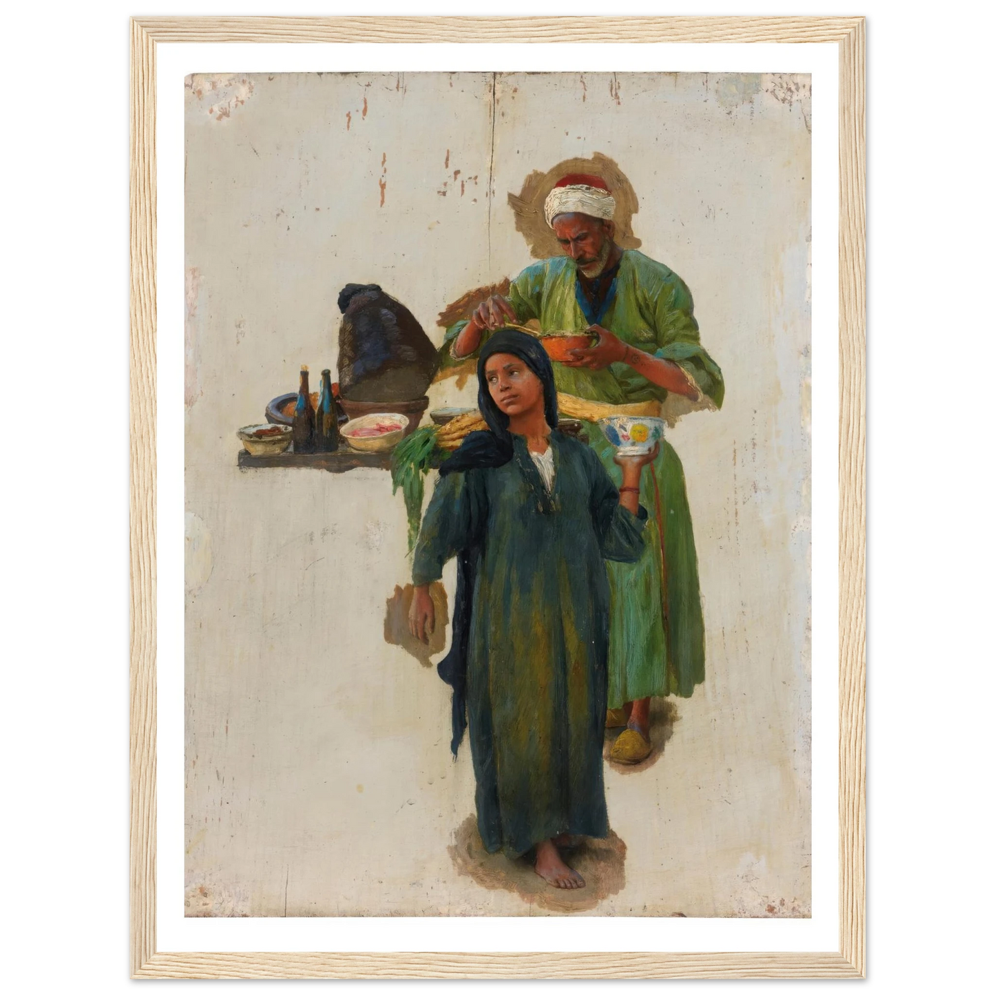 Study Of A Man And A Girl Holding A Bowl Art Print | Ludwig Deutsch - Framed Poster - 30x40 cm / 12x16″ - Black frame