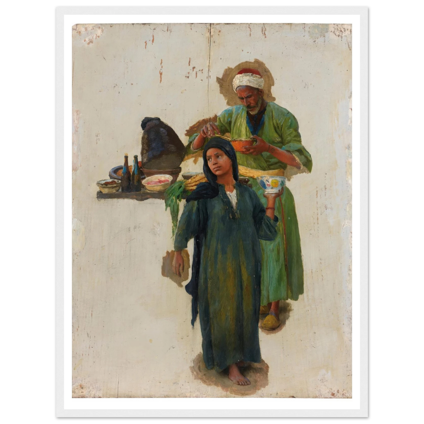 Study Of A Man And A Girl Holding A Bowl Art Print | Ludwig Deutsch - Framed Poster - 30x40 cm / 12x16″ - Black frame