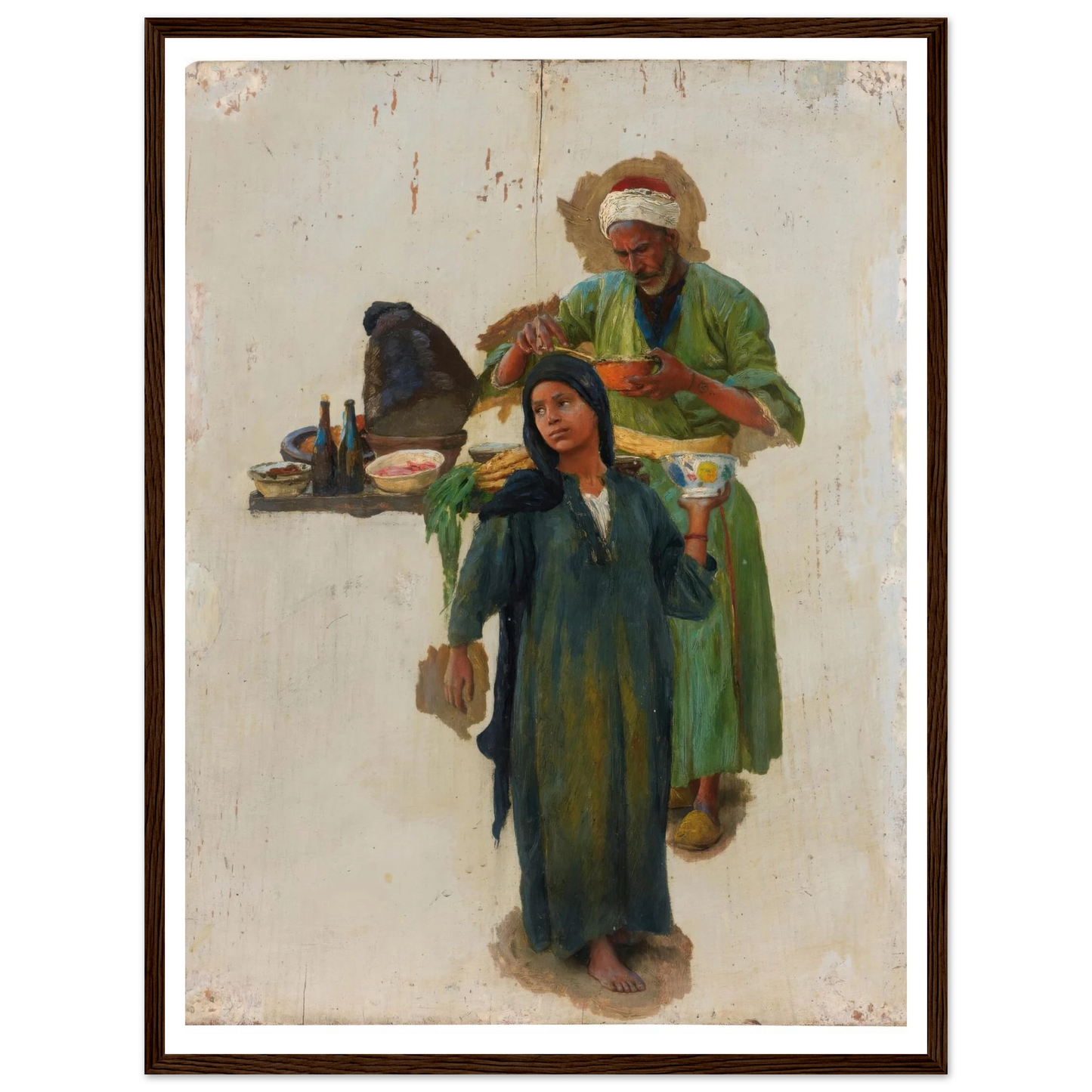 Study Of A Man And A Girl Holding A Bowl Art Print | Ludwig Deutsch - Framed Poster - 30x40 cm / 12x16″ - Black frame