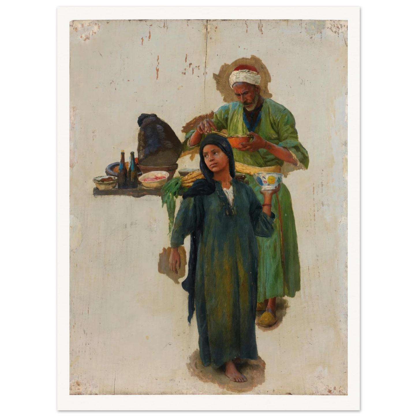 Study Of A Man And A Girl Holding A Bowl Art Print | Ludwig Deutsch - Framed Poster - 30x40 cm / 12x16″ - Black frame