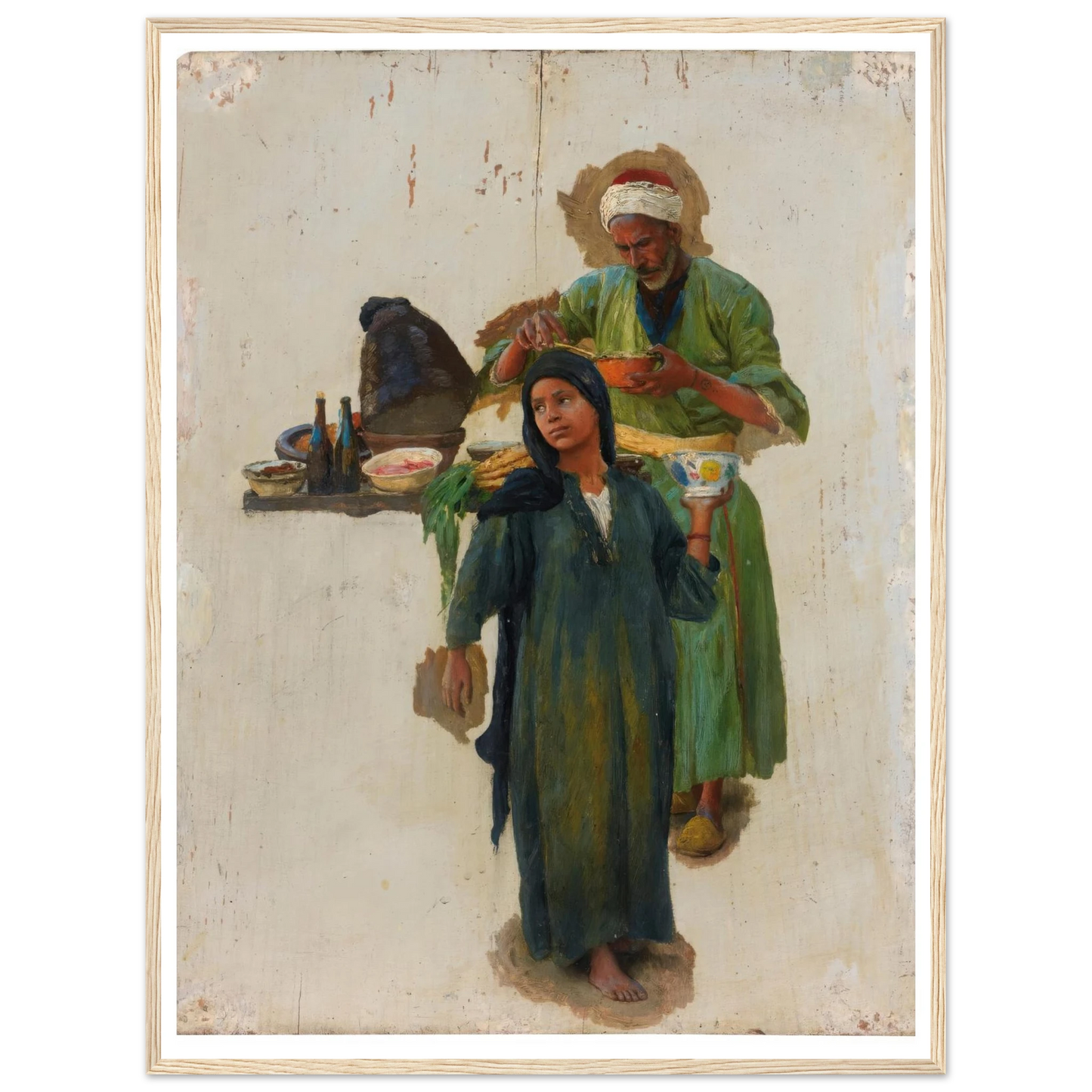 Study Of A Man And A Girl Holding A Bowl Art Print | Ludwig Deutsch - Framed Poster - 30x40 cm / 12x16″ - Black frame