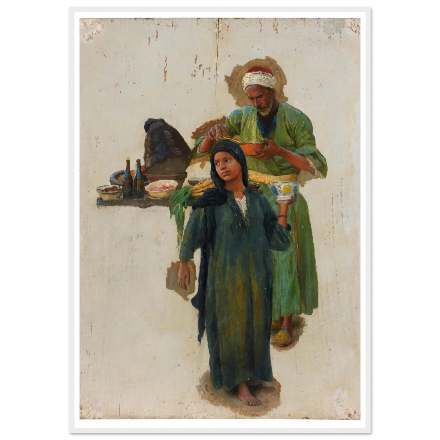 Study Of A Man And A Girl Holding A Bowl Art Print | Ludwig Deutsch - Framed Poster - 30x40 cm / 12x16″ - Black frame